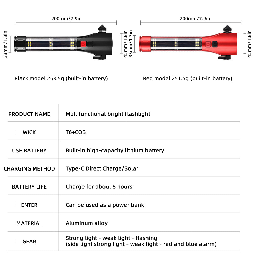 Timo Products™ Multi-functional Rechargeable LED Flashlight with Hammer